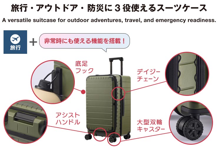 旅行、アウトドア、防災に3役で使えるスーツケース