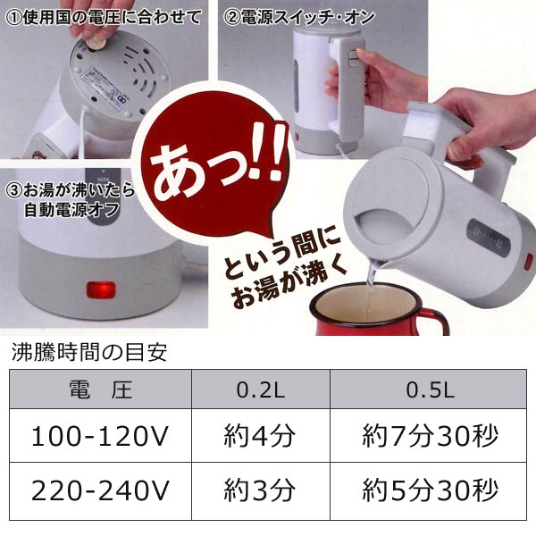 使用国の電圧に合わせて電源を入れると、あっという間にお湯が沸きます