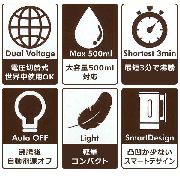 世界中で使用できる電圧切替式、大容量500ml、最短3分で沸騰、沸騰後に電源オフ、軽量コンパクト、スマートなデザイン