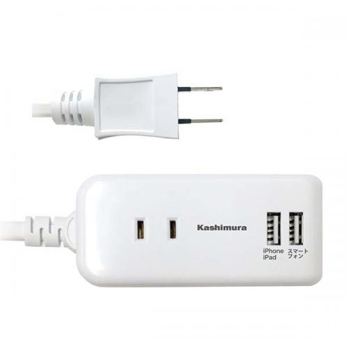 カシムラ 国内・海外兼用2口電源タップ Aタイプ 2USB 2.1A 1m TI-174